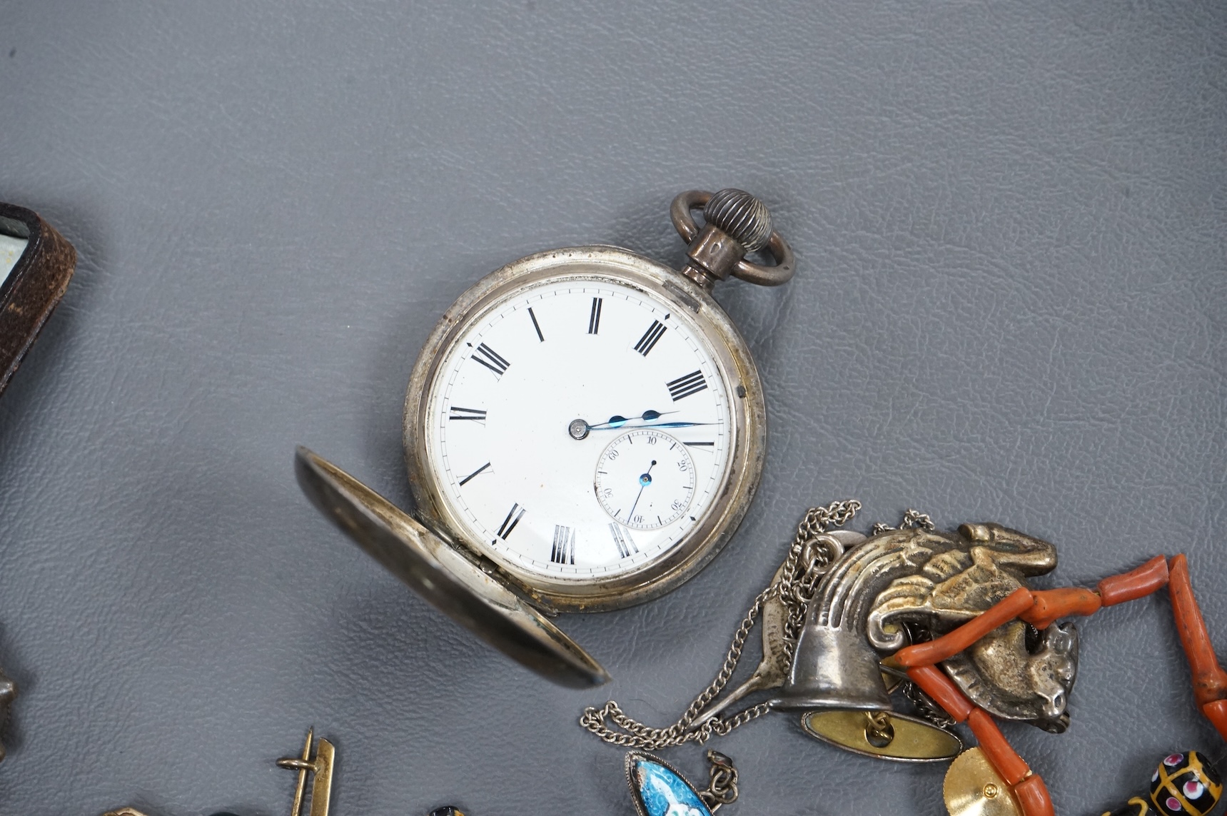 Group of mixed costume jewellery and other items including a George IV mourning brooch and a Swiss 935 standard white metal silver half hunter keyless pocket watch.